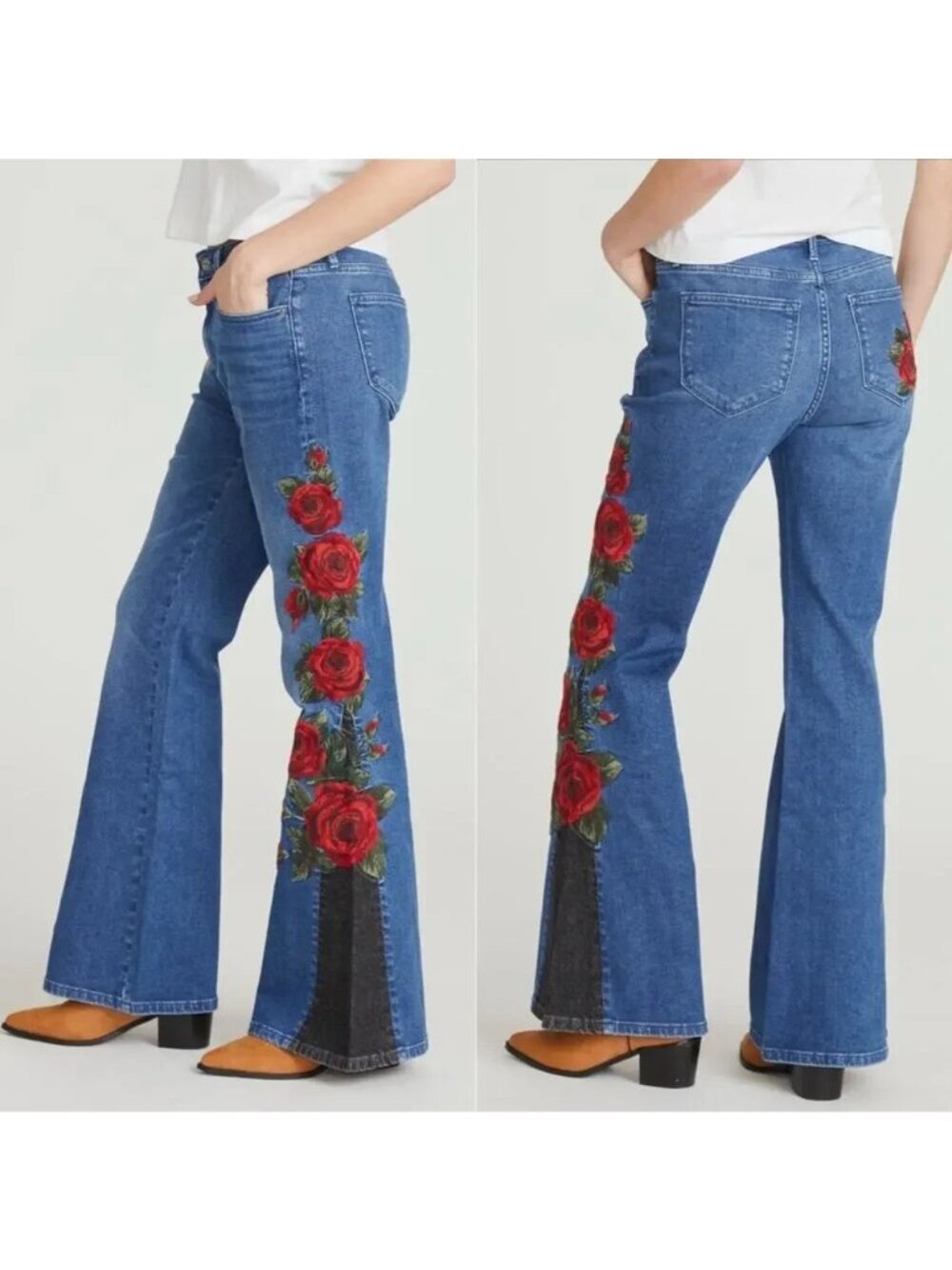 Driftwood Farrah Embroidered Flare Jeans 70s Retro Festival Rose Womens 28